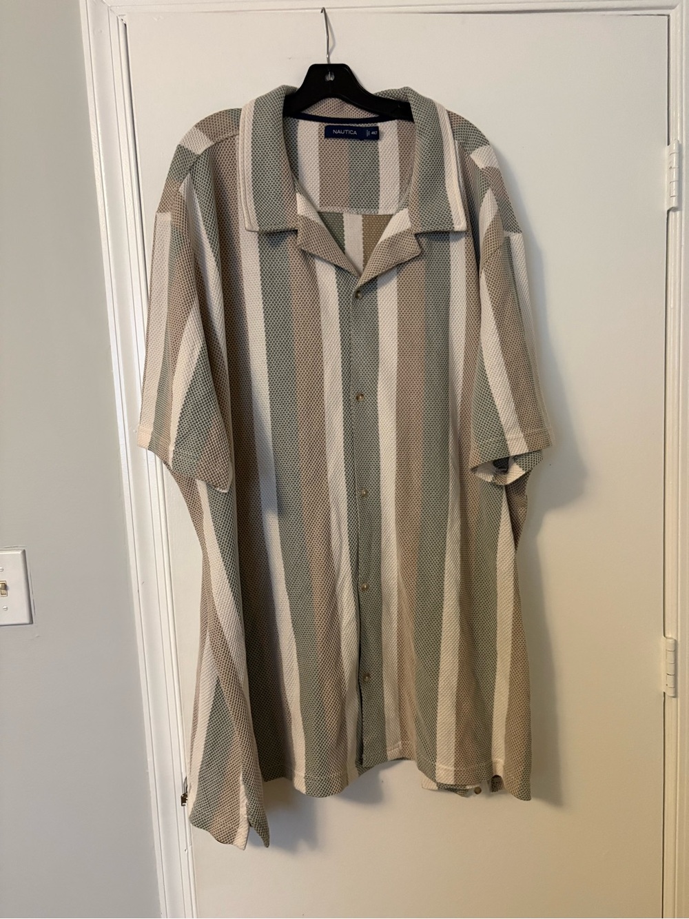 Nautica Short Sleeve Vertical Stripe Camp Shirt - Beige, Cream & Sage